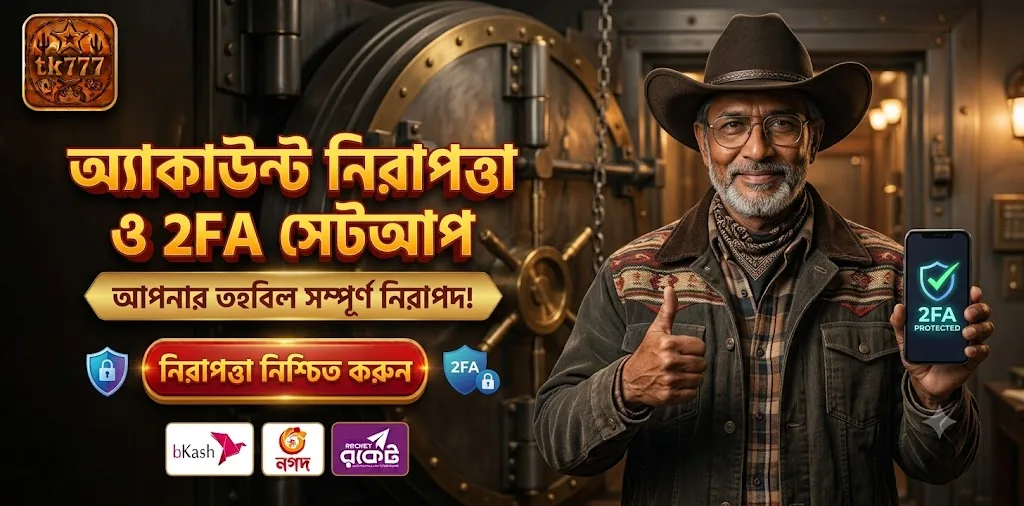 ভল্টের সামনে 2FA চিহ্নযুক্ত ফোন হাতে কাউবয়সহ TK777 অ্যাকাউন্ট নিরাপত্তার প্রচারচিত্র