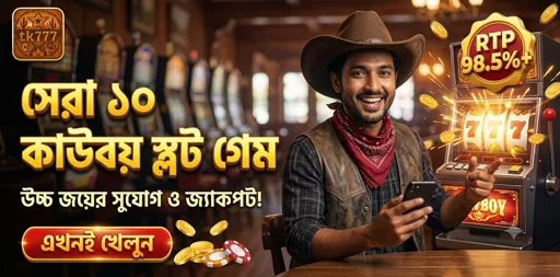 TK777 cowboy game promotional artwork showing a cowboy beside a slot machine