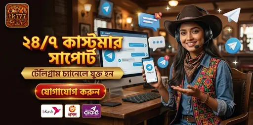 TK777 customer support promotional artwork showing a woman with a headset, a phone and Telegram symbols