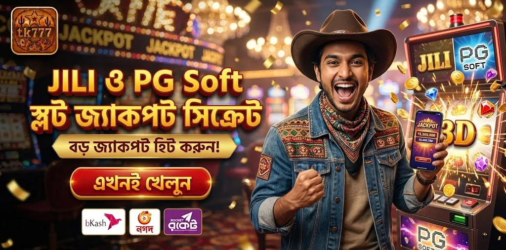JILI ও PG Soft লেখা স্লট মেশিনের পাশে কাউবয়সহ TK777 প্রচারচিত্র