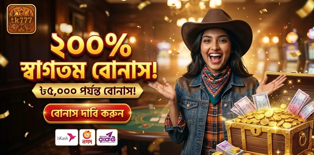 ২০০% ও ৳৫,০০০ লেখা TK777 স্বাগতম বোনাসের প্রচারচিত্র