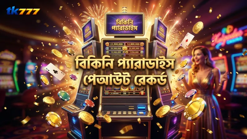 গেমপ্লে স্ক্রিনশটে বিকিনি প্যারাডাইস এর পেআউট রেকর্ড প্রদর্শিত।